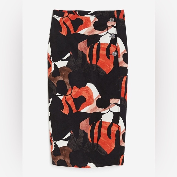 H&M - Tropical Floral Three Button Lightweight Linen Blend Midi Skirt Size 4 - Picture 2 of 9
